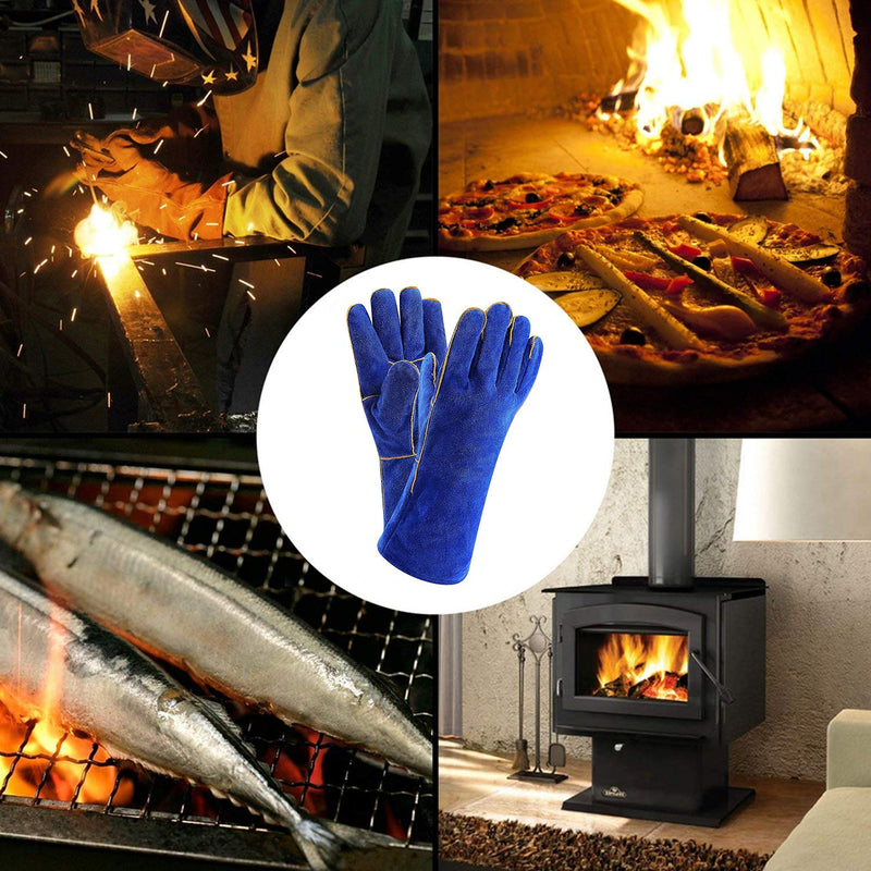  [AUSTRALIA] - DEKO Welding Gloves 14 inch Leather Forge Heat Resistant Welding Glove for Mig, Tig Welder, BBQ, Furnace, Camping, Stove, Fireplace and More (Blue)