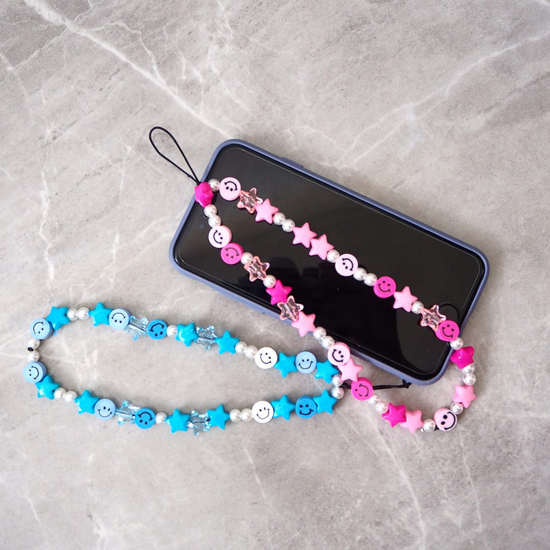 [AUSTRALIA] - Beaded Phone Charms, 2PCS Y2K Phone Charm Strap, Anti-Lost Phone Charm String, Cute Smile Face Cell Phone Case Charms, Handmade Beaded Phone Chain Wrist Strap for Women Girls Kids(Blue Red)