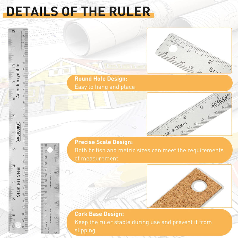  [AUSTRALIA] - 4 Pcs Stainless Steel Cork Base Rulers Craft Knife Hobby Knife with Safety Cover and Craft Ruler Precision Carving Craft Hobby Knife Kit for Crafting and Cutting Carving Scrapbooking Art Work Cutting