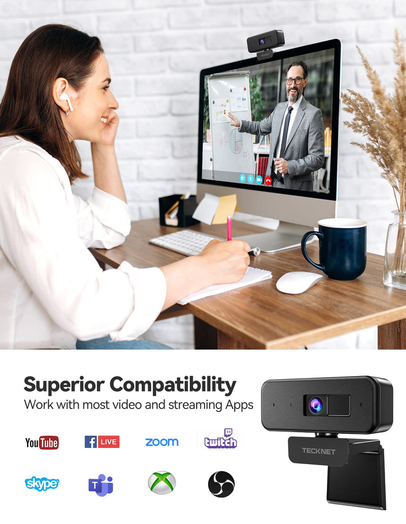  [AUSTRALIA] - 1080P Webcam with Microphone & Privacy Cover for Desktop, TECKNET Streaming Webcam, USB PC Computer Camera for Video Conferencing/Calling/Live Streaming/Online Learning Black