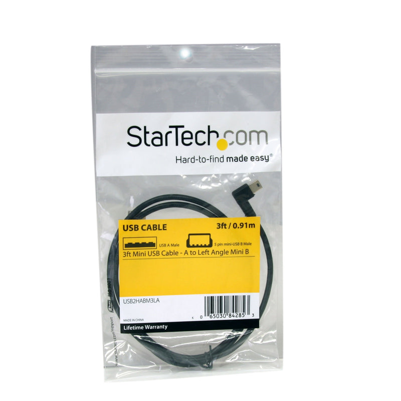  [AUSTRALIA] - StarTech.com 3 ft. (0.9 m) Left Angle Mini USB Cable - USB 2.0 A to Left Angle Mini B - Black - Mini USB Cable (USB2HABM3LA) 3 ft / 1m