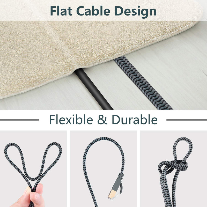  [AUSTRALIA] - Flat Cat 7 Ethernet Cable 10 ft, Larxavn Nylon Braided Shielded Durable Flat Internet LAN Computer Patch Cord High Speed Cat7 RJ45 Solid Network Wire for Router, Modem, Xbox, PS4, Camera 10ft