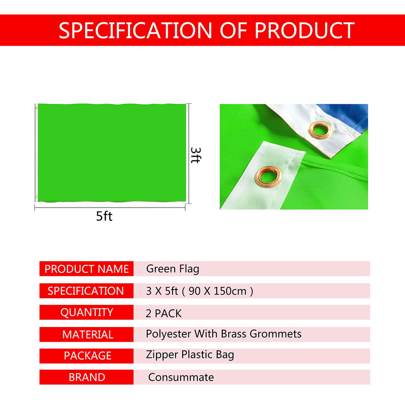 [AUSTRALIA] - Consummate Solid Green Flag 3x5 Foot Plain Green Flags Banner Polyester with Brass Grommets,2 Pack