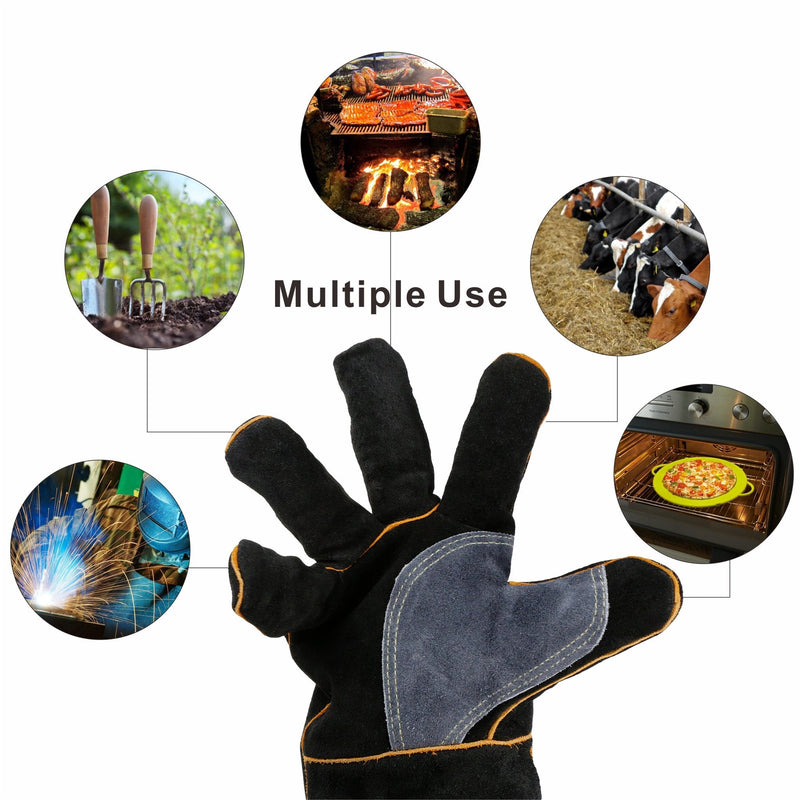  [AUSTRALIA] - KIM YUAN Extreme Heat & Fire Resistant Gloves Leather with Kevlar Stitching,Mitts Perfect for Fireplace, Stove, Oven, Grill, Welding, BBQ, Mig, Pot Holder, Animal Handling 14black