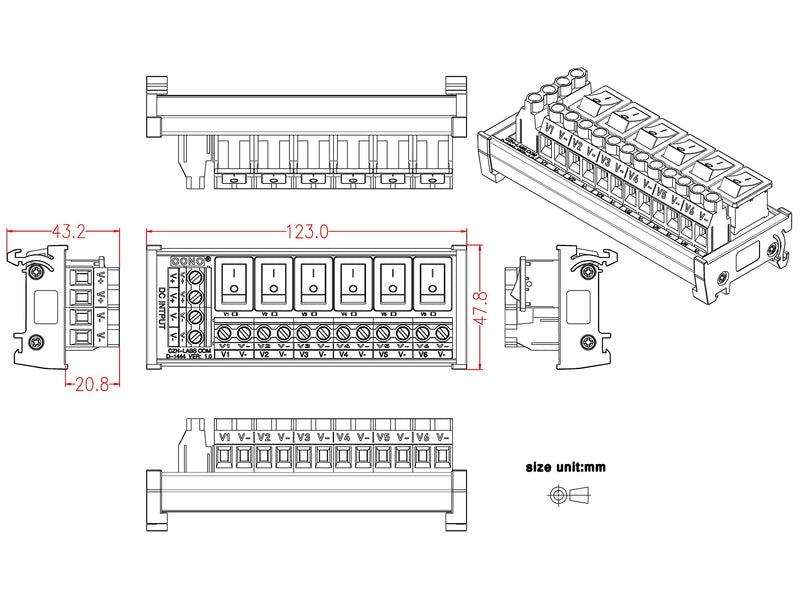  [AUSTRALIA] - DIN Rail Mount 6 Channel Rocker Switch DC Power Distribution Strip Module