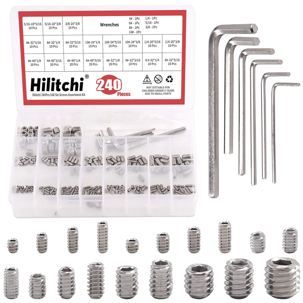  [AUSTRALIA] - Hilitchi 240Pcs 19Sizes SAE Stainless Hex Allen Head Socket Set Screws Grub Screw Bolts Assortment Kit Internal Hex Drive Cup-Point Screws with 7 Hex Wrenches