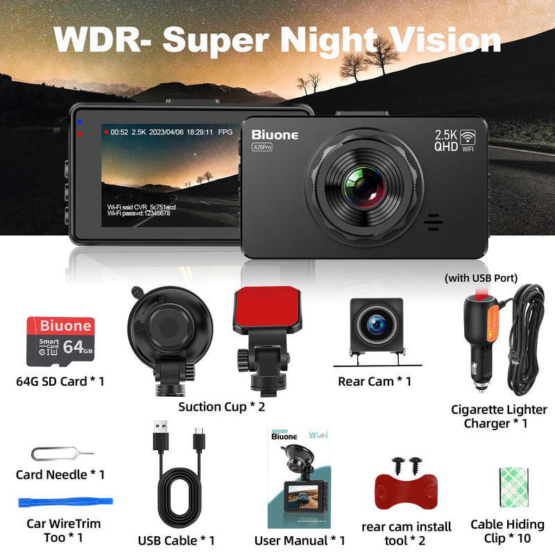  [AUSTRALIA] - Dash Camera for Cars WiFi, Dash Cam Front Rear with 64G SD Card Car Camera Dash Cam 2.5K+1080P Wireless Dash Cam with APP Control, Super Night Vision, Parking Monitor, G-Sensor, Support 256GB Max