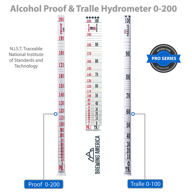 American-Made Alcohol Hydrometer Tester 0-200 Proof & Tralle Pro Series Traceable - Distilling Moonshine Alcoholmeter for Proofing Distilled Spirits - LeoForward Australia