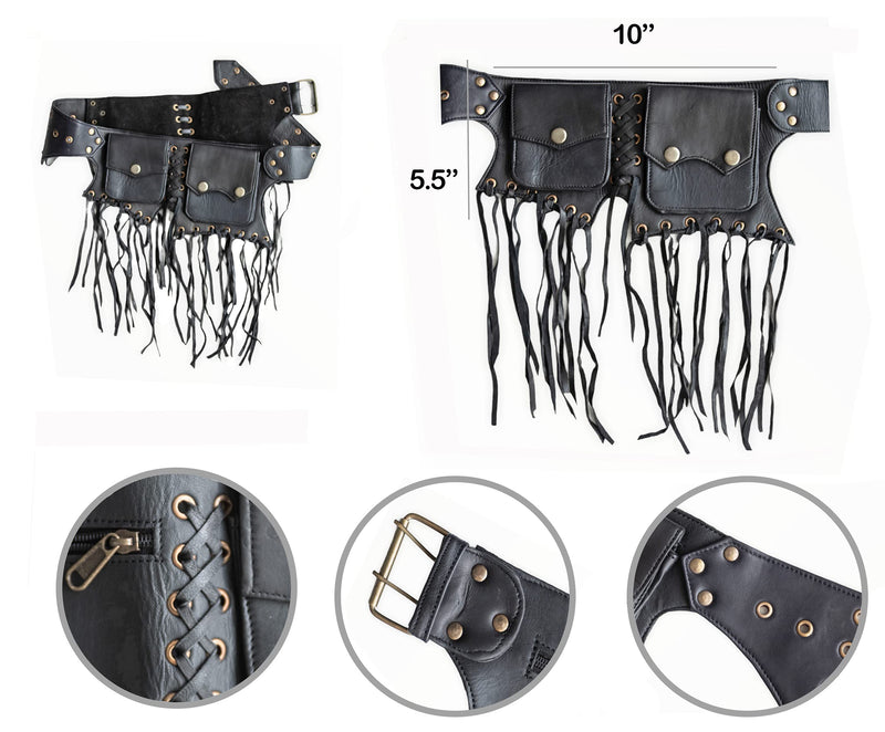Genuine Leather Utility Belt | Tassels, 5 Pocket | Utility Belt Fashion | travel belt, festival belt, hip bag, belt bag, party purse, fanny pack, vendor belt, money belt (black) Black - LeoForward Australia