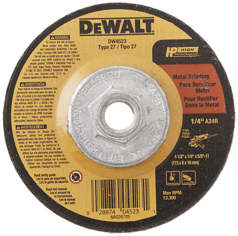  [AUSTRALIA] - DEWALT Grinding Wheel, General Purpose for Metal, 4-1/2-Inch x 1/4-Inch x 5/8-Inch (DW4523)