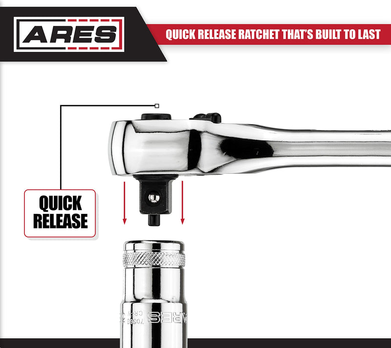  [AUSTRALIA] - ARES 70305-3/8-Inch Drive 90-Tooth Ratchet - Premium Chrome Vanadium Steel Construction & Mirror Polish Finish - Quick Release for Easy Socket Change - 90-Tooth Reversible Design with 4 Degree Swing 3/8-inch Drive 90 Tooth Ratchet