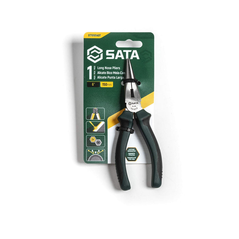  [AUSTRALIA] - SATA 6-Inch Long Needle-Nose Side Cutting Pliers with Nickel-Chrome Steel Body and Green Anti-Slip Handles - ST70101AST 6"