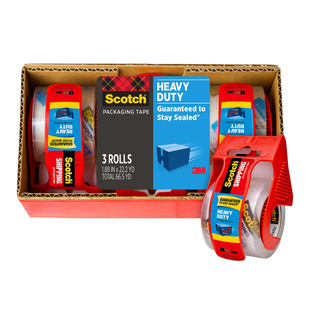  [AUSTRALIA] - Scotch Heavy Duty Packaging Tape, 1.88" x 22.2 yd, Designed for Packing, Shipping and Mailing, Strong Seal on All Box Types, 1.5" Core, Clear, 3 Rolls with Dispenser (142-3)