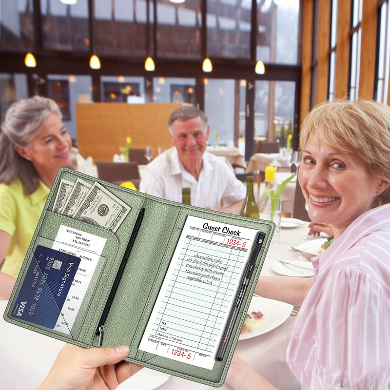  [AUSTRALIA] - Server Book Organizer with Zipper Pocket, Fintie PU Leather Restaurant Guest Check Presenters Card Holder for Waitress, Waiter, Bartender (Sage Green) * Sage Green