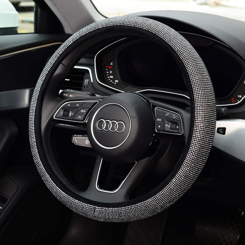  [AUSTRALIA] - KAFEEK Diamond Leather Steering Wheel Cover with Bling Bling Crystal Rhinestones, Universal 15 inch Anti-Slip,Black Diamond