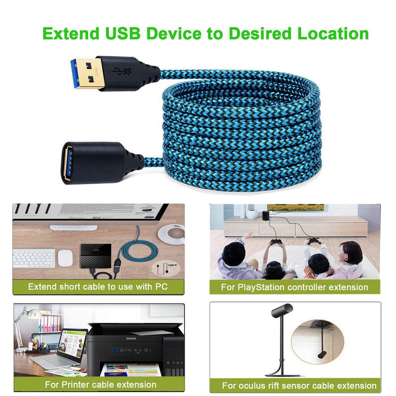  [AUSTRALIA] - USB Cable Extension, Besgoods 2-Pack 10ft Nylon Braided USB 3.0 Extension Cable Extender Cord - A Male to A Female Fast Data Extension Cord with Gold-Plated Connector - Blue Blue Blue