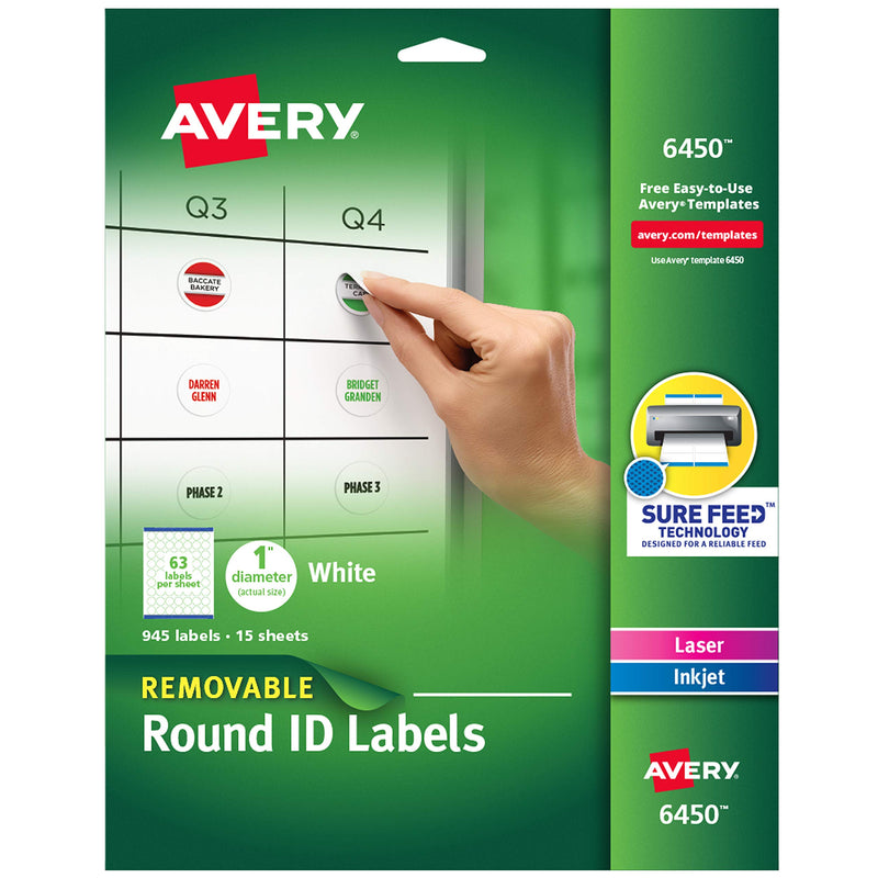 Avery Multiuse Removable Round Labels with Sure Feed, 1", 945 White Labels (6450) (06450) 1" 1 Pack - LeoForward Australia