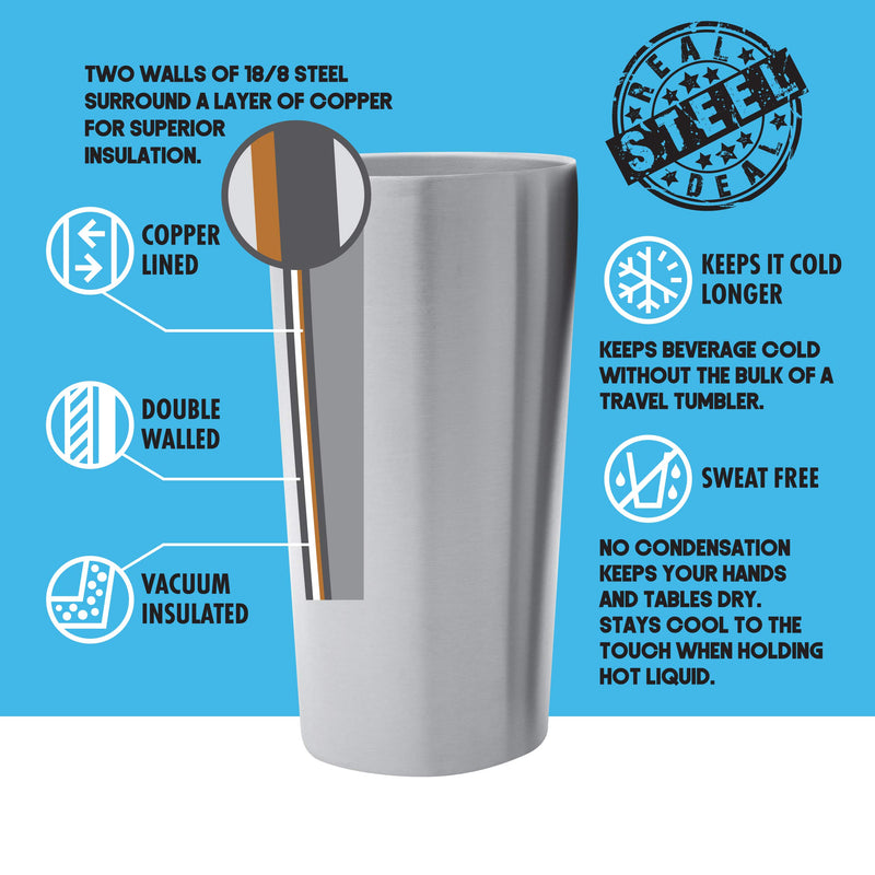  [AUSTRALIA] - Stainless Steel Pint Glasses: Double Wall Vacuum Copper Insulated Metal Cups to Keep Drinks Cold or Hot - Set of 2 Rimless, Sweat Free Beer Tumbler for Cocktails, Coffee, Set of 2, 16 oz