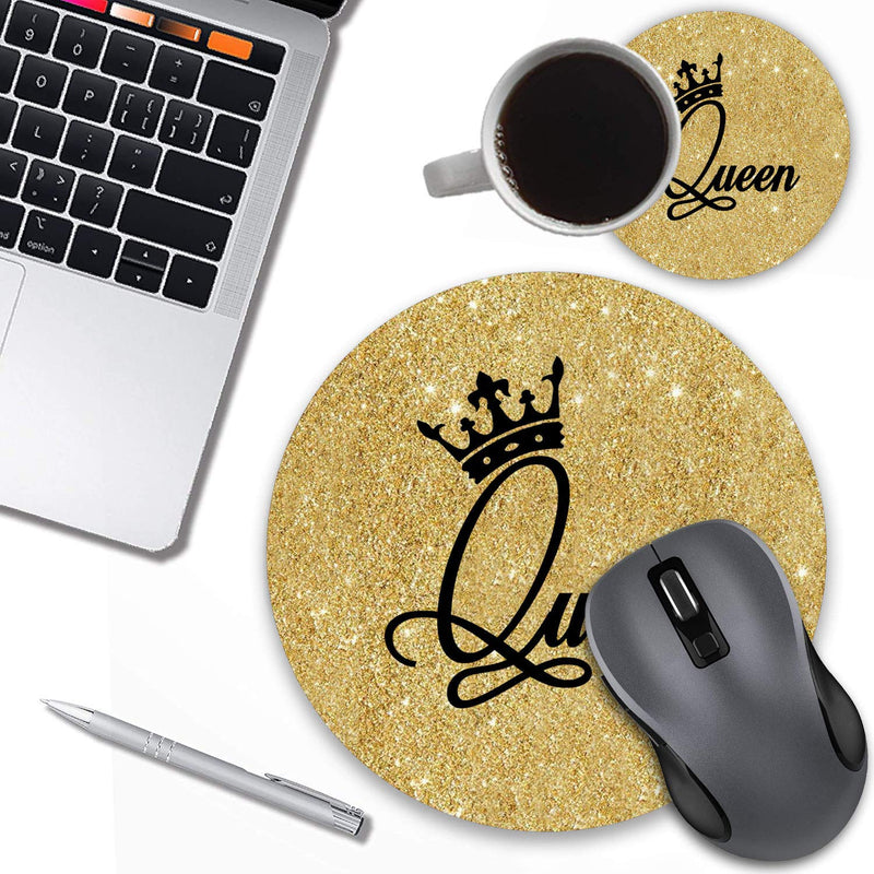 Round Mouse Pad with Coasters Set, Gold Glitter Quotes Crown Queen Design Mouse Pad, Non-Slip Rubber Base Mouse Pads for Laptop and Computer Office Accessories - LeoForward Australia