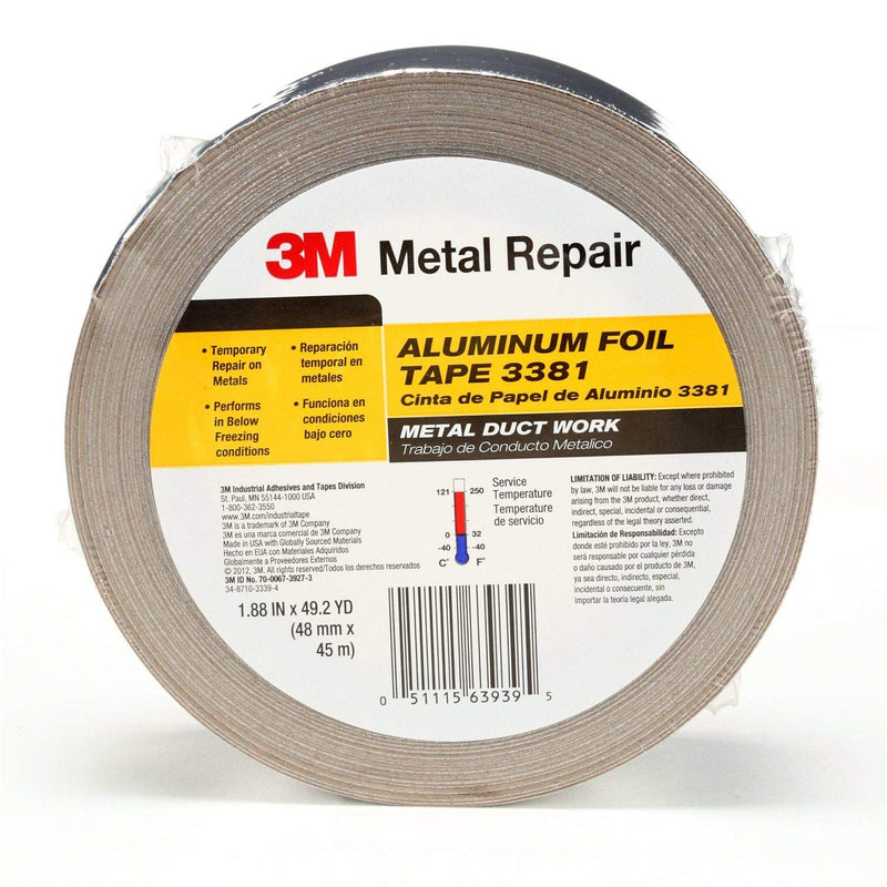  [AUSTRALIA] - 3M Aluminum Foil Tape 3381, 1.88 in x 50 yd, 2.7 mil, Silver, HVAC, Sealing and Patching, Moisture Barrier, Cold Weather, Air Ducts, Foam Sheathing Boards, Insulation, Metal Repair