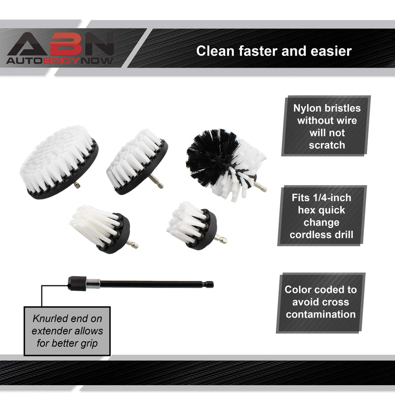  [AUSTRALIA] - ABN 1/4in Drive Nylon Scrubber Drill Attachment Cleaning Brush 5pc Set with 1pc Extension - White Soft Bristle