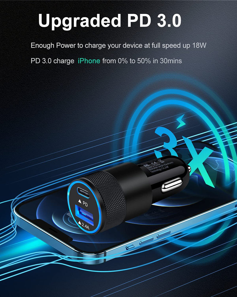 30W USB C Car Charger, [2Pack] PD 3.0 Fast Charge Dual Port USB Type C and 2.4a USB A Cargador Carro Lighter Adapter Base for iPhone, iPad, Samsung Galaxy, LG, Google Pixel GPS, Z Play Droid, Motorola Black-PD - LeoForward Australia