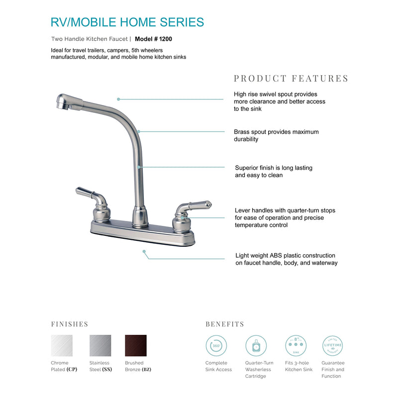  [AUSTRALIA] - Builders Shoppe 1200SS RV Mobile Home Non-Metallic High Rise Swivel Kitchen Sink Faucet Brushed Nickel Finish