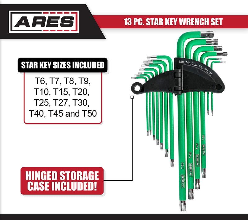  [AUSTRALIA] - ARES 70166-13-Piece Extra Long Arm Star Key Wrench Set - Chrome Finish with Green High Visibility Anti-Slip Coating - Convenient Storage Case Included Star Key Set