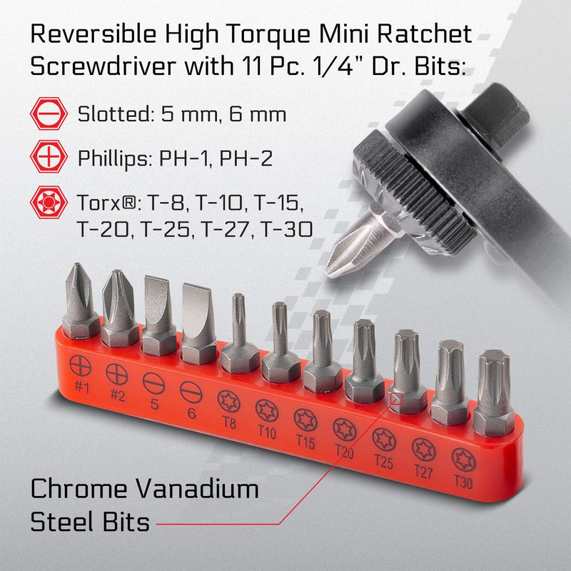  [AUSTRALIA] - CARBYNE 17 Piece Right Angle 1/4-Inch Dual-Drive Head Mini Ratchet Wrench Screwdriver, Bit Set & Sockets | CR-V Steel