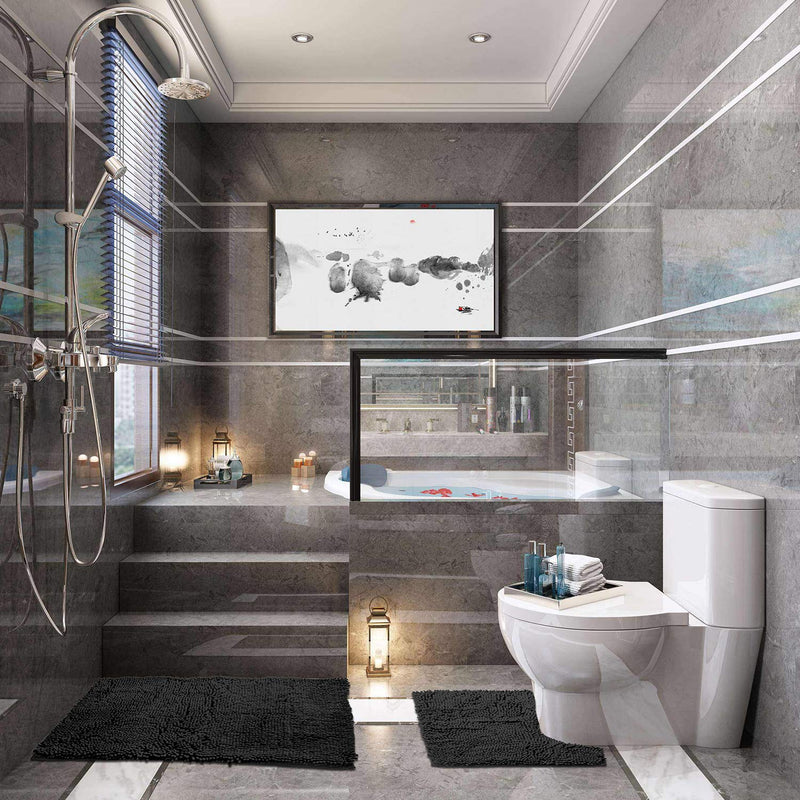  [AUSTRALIA] - Bathroom Rugs Chenille Bath Mat Set, Soft Plush Non-Skid Shower Rug +Toilet Mat. (Black) Black