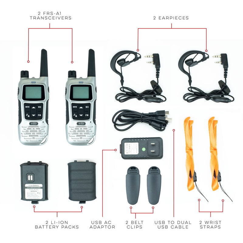  [AUSTRALIA] - BTECH FRS-A1 2 Pack FRS Silver Walkie Talkies, NOAA, High Output Two-Way Radio. USB-C Charging, Built in Flashlight, FM Radio, NOAA, and More