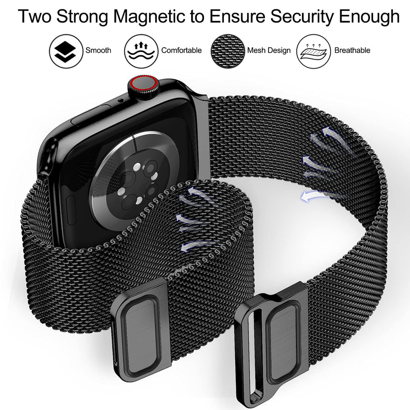  [AUSTRALIA] - JuQBanke Magnetic Band Compatible with Apple Watch 38mm 40mm 41mm, Stainless Steel Mesh Milanese Strap with Adjustable Loop, Metal Wristband for iWatch SE Series 7 6 5 4 3 2 1 for Women Men, Black 38mm / 40mm / 41mm