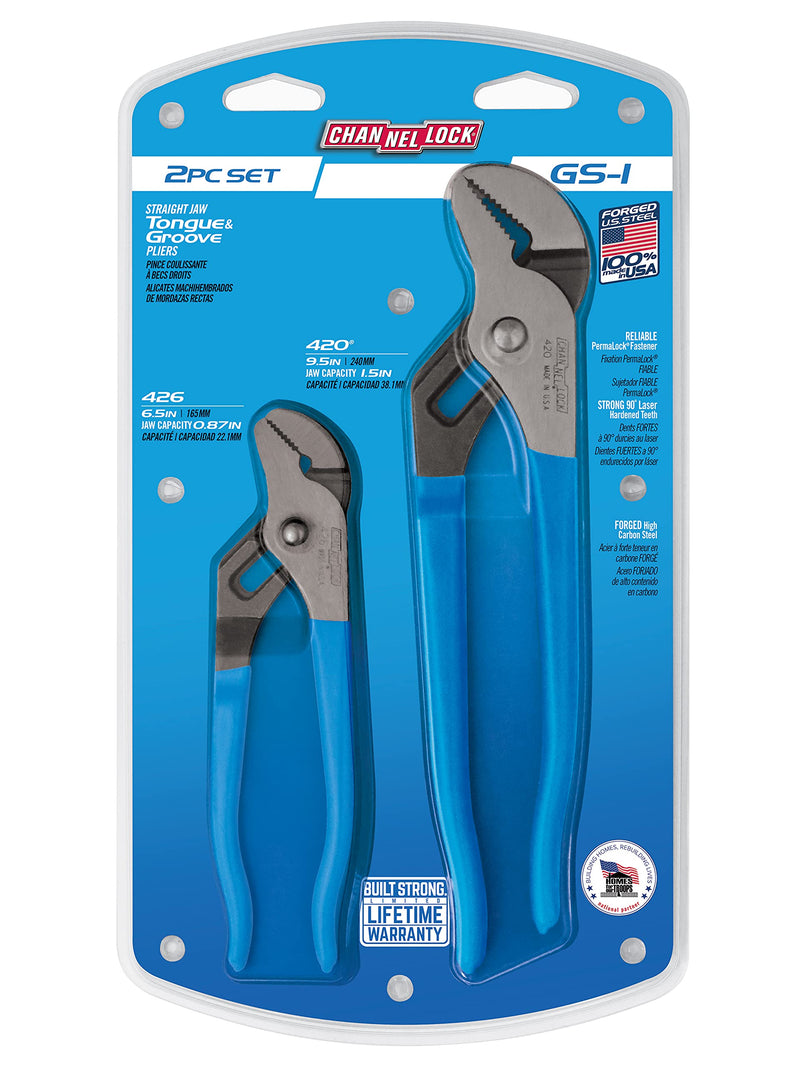 Channellock 2 Piece Tongue and Groove Pliers Set - 9.5-Inch, 6.5-Inch | Straight Jaw Groove Joint Pliers | Laser Heat-Treated 90° Teeth| Forged from High Carbon Steel | Patented Reinforcing Edge Minimizes Stress Breakage | Made in USA - LeoForward Australia