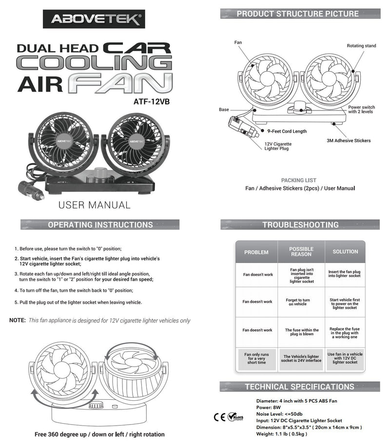 FiveJoy 360 Degree Rotatable Car Fan - 12V DC Electric 2 Speed Dual Head Fans, Quiet Strong Dashboard Cooling Air Circulator Fan for Sedan SUV RV Boat Auto Vehicles Golf or Home - LeoForward Australia