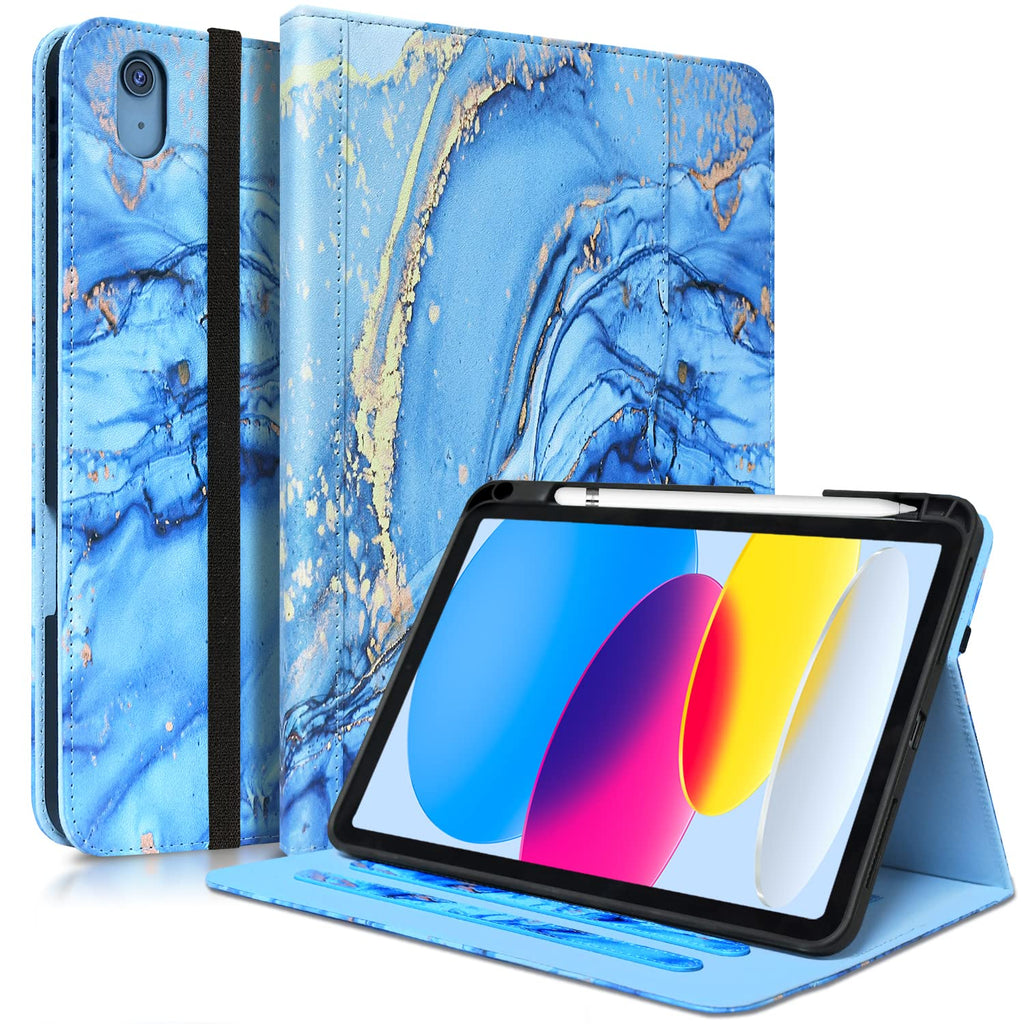  [AUSTRALIA] - Zonefoker for iPad 10th Generation Case 2022, iPad 10 th Gen 10.9 inch Protective Cover with Pencil Holder, Multi-Angle Viewing Stand, Pocket Design, Folio Leather Cases for Women Men, Marble Blue