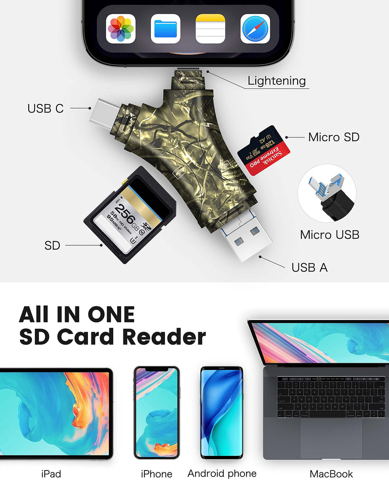  [AUSTRALIA] - Trail Camera Viewer SD Card Reader for iPhone/iPad,4 IN 1 Trail Game Camera SD Card Reader for iPhone/iPad/USB C & Micro USB Android/Pcs,Hunting & Trail Camera Viwer Supports SD,Micro SD,Plug and Play