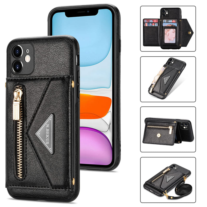  [AUSTRALIA] - SZHAIYU Wallet Crossbody for iPhone 11 Phone Case with Lanyard Strap Credit Card Holder, PU Leather Protective Handbag Zipper Purse Kickstand Cover Women Girl (Black) Black