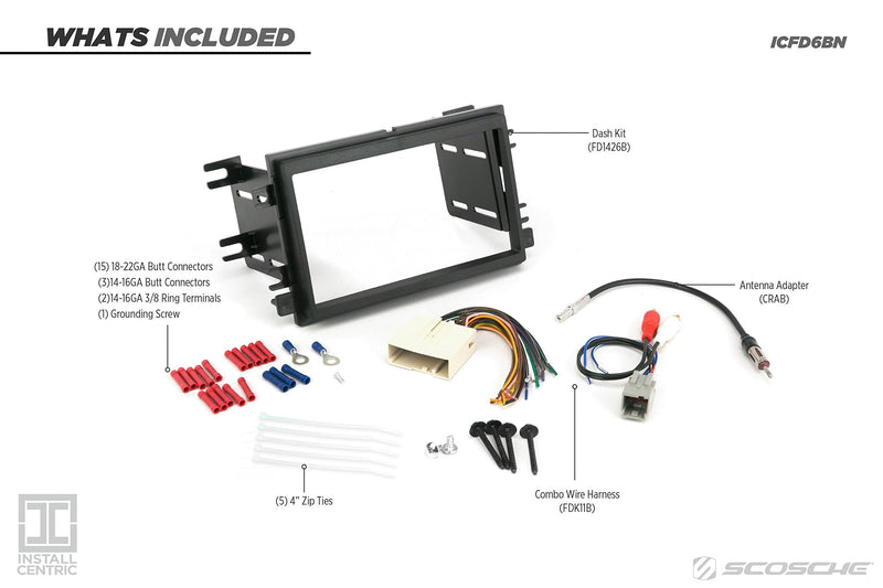  [AUSTRALIA] - SCOSCHE Install Centric ICFD6BN Compatible with Select Ford/LINC/MERC 2004-08 Double DIN, Premium Sound Complete& Metra Electronics 70-5520 Wiring Harness for Select 2003-Up Ford Vehicles Complete Installation Kit + Wiring Harness