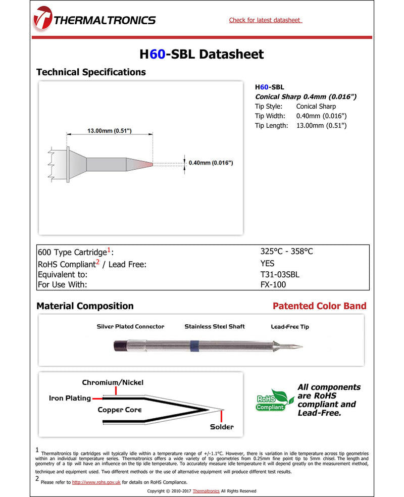  [AUSTRALIA] - Thermaltronics H60-SBL Conical Sharp 0.4mm (0.016in) interchangeable for Hakko T31-03SBL