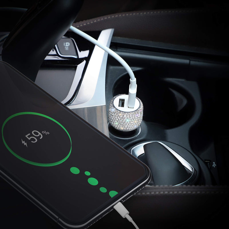 Dual USB Car Charger,SAVORI Car Adapter Bling Bling Rhinestones Crystal Car Decorations for Fast Charging Car Decors for iPhone Xs Max X Plus, iPad Pro/Mini, Samsung White - LeoForward Australia