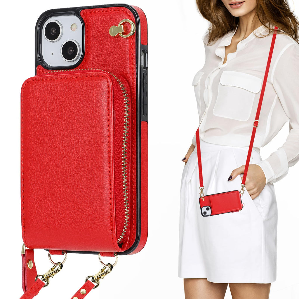  [AUSTRALIA] - KIHUWEY Crossbody Wallet Case for iPhone 13 iPhone 14, Zipper Pocket Case with Card Holder, PU Leather RFID Blocking Protective Cover Case with Kickstand Detachable Wrist Strap Lanyard 6.1" (Red) Red