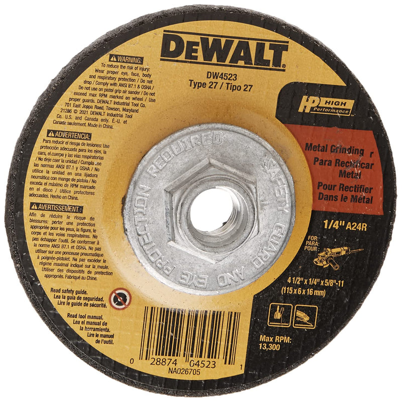  [AUSTRALIA] - DEWALT Grinding Wheel, General Purpose for Metal, 4-1/2-Inch x 1/4-Inch x 5/8-Inch (DW4523)