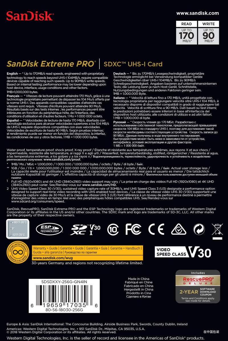 SanDisk 256GB Extreme PRO SDXC UHS-I Card - C10, U3, V30, 4K UHD, SD Card - SDSDXXY-256G-GN4IN Card Only - LeoForward Australia