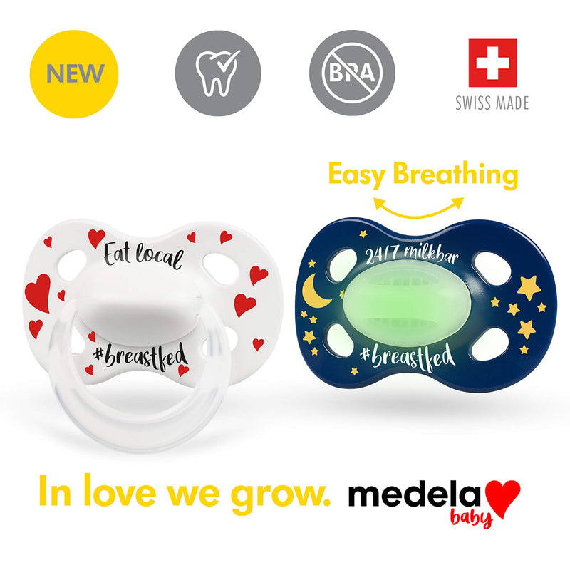 Medela Baby Day & Night Pacifier for 0-6 Months, Bpa Free, Lightweight & Orthodontic, Glow in The Dark Pacifier Set, Baby Pacifiers- 2 Pack Eat Local 0-6 Month - LeoForward Australia