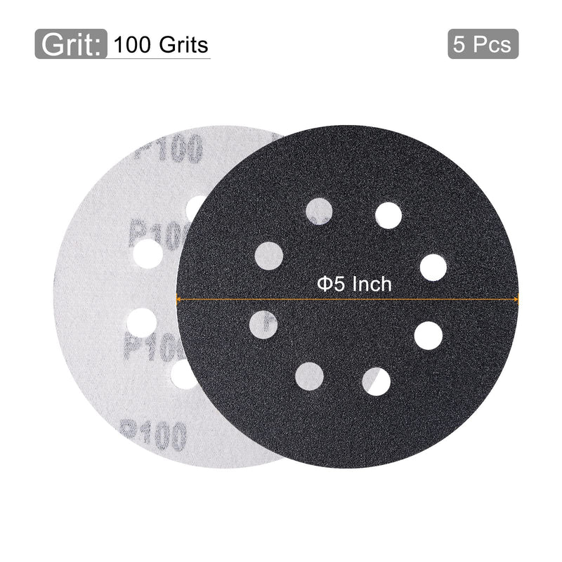  [AUSTRALIA] - uxcell 5 Inch Sanding Disc 8 Hole 100 Grit Hook and Loop Silicon Carbide C-Weight Backing Sandpaper for Orbital Sander 5 Pcs 100 Grits Black