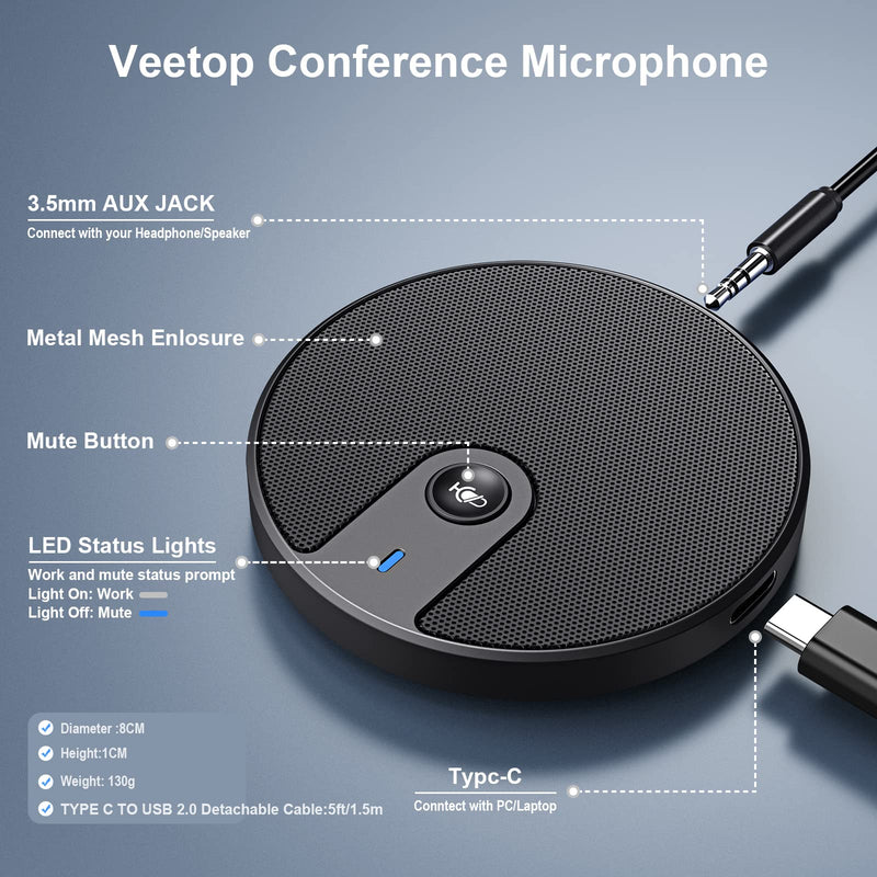  [AUSTRALIA] - Veetop USB Conference Microphone for Computer Desktop Laptop 360° Omnidirectional Portable Condenser PC Mic with Mute Plug & Play 3.5mm Aux Jack for Video Conference Zoom Meeting Skype Call Recording