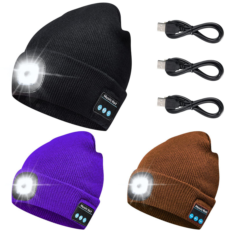  [AUSTRALIA] - 3 Pcs LED USB Rechargeable Music Winter Hat Beanie with Headlamp Built in Microphone and Stereo Speaker Hat with USB Cables Black, Coffee, Purple