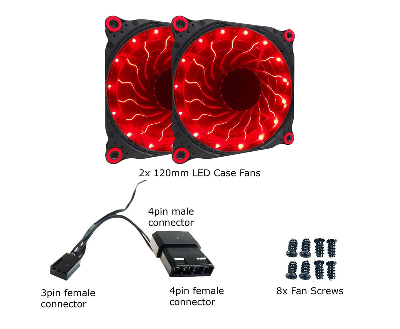 [AUSTRALIA] - APEVIA 212L-DRD 120mm Silent Black Case Fan with 15 x Red LEDs & 8 x Anti-Vibration Rubber Pads (2 Pk)