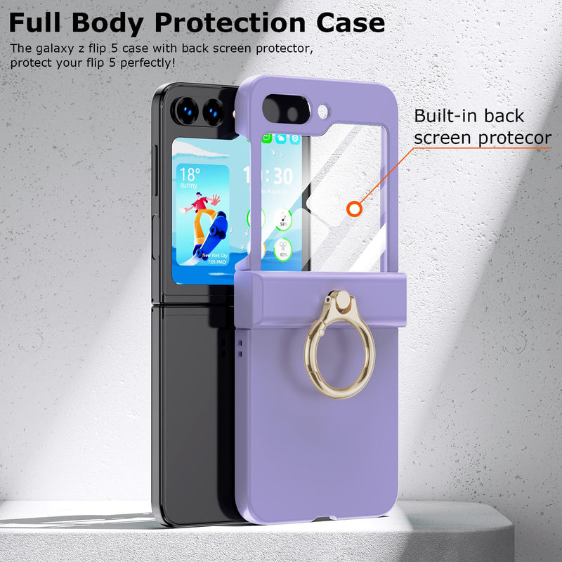  [AUSTRALIA] - Compatible with Galaxy Z Flip 5 Case (Built-in Back Screen Protector) with Hinge Protection & Ring Kickstand, Slim and Thin Protective Case Cover for Samsung Z Flip 5 5G (Purple) Purple