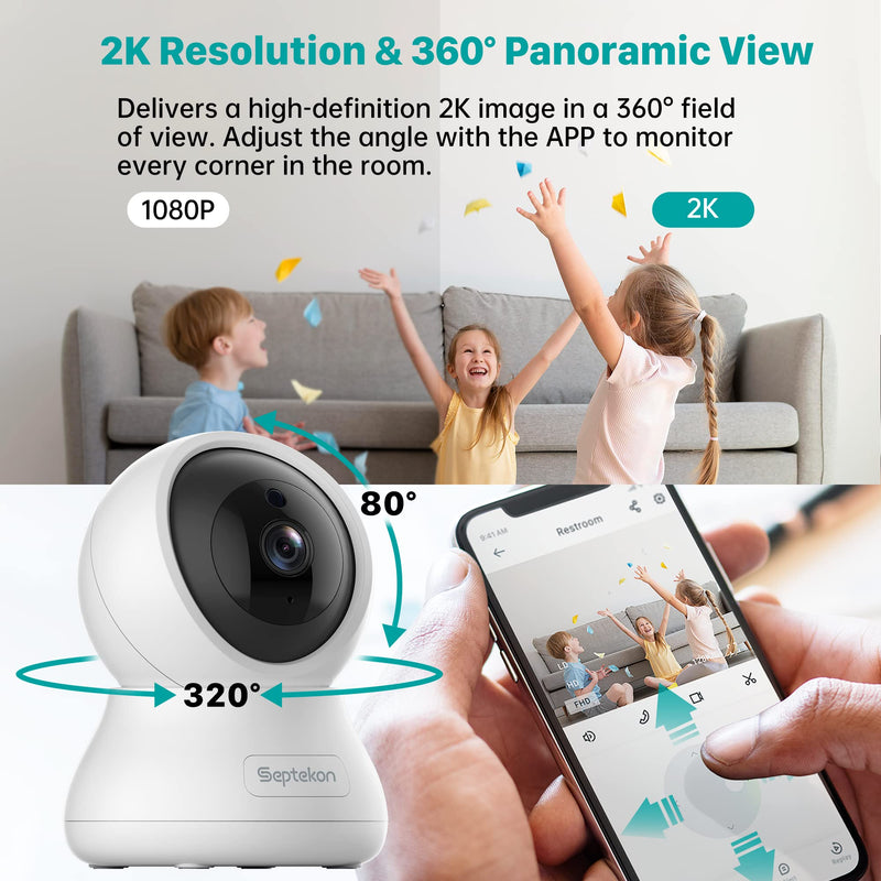  [AUSTRALIA] - Indoor Security Camera 2K, Septekon 360° Pan Tilt Baby Monitor Pet Camera, 2.4GHz Wi-Fi Camera with Night Vision, Motion Detection, 2-Way Audio Siren, Cloud/SD Card, Compatible with Alexa,White 1 Pack White